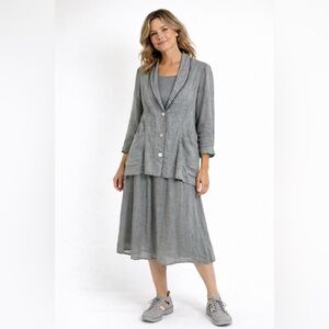 Fenini Lagenlook Grey Linen Blazer Skirt Set Size S/XS Boho Layered Chic